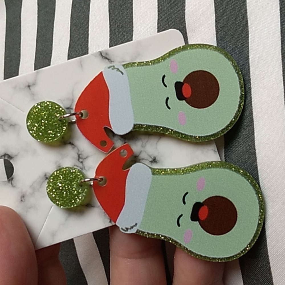 Acrylic Avocado Christmas Earrings 1 x 2.5 inches Green, Red & Green Glitter